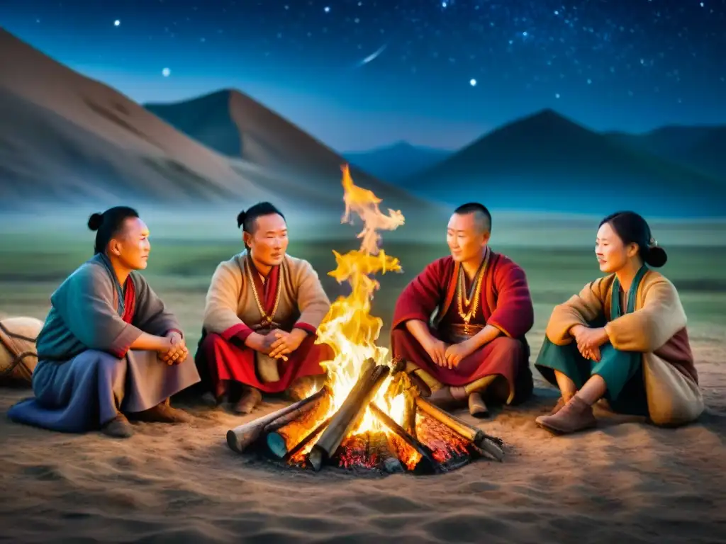 Magia nocturna entre tribus nómadas en Mongolia, campamento alrededor de fogata bajo cielo estrellado