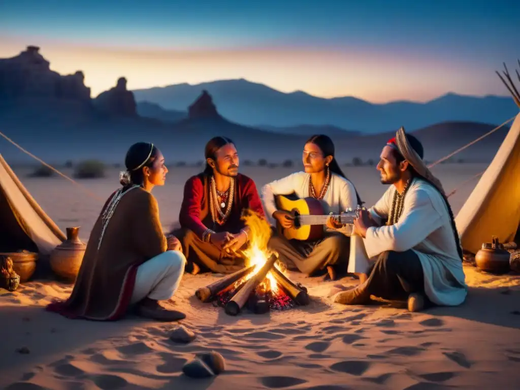 Una mágica noche estrellada en el desierto: tribu nómada alrededor de fogata, con música tradicional y vestimenta única