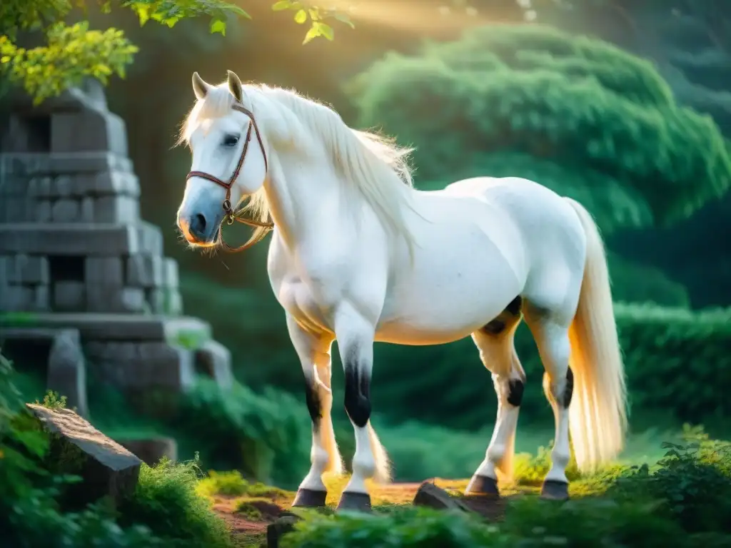 Magnífico corcel blanco con adornos dorados en un bosque místico, evocando la espiritualidad de los animales sagrados nómadas