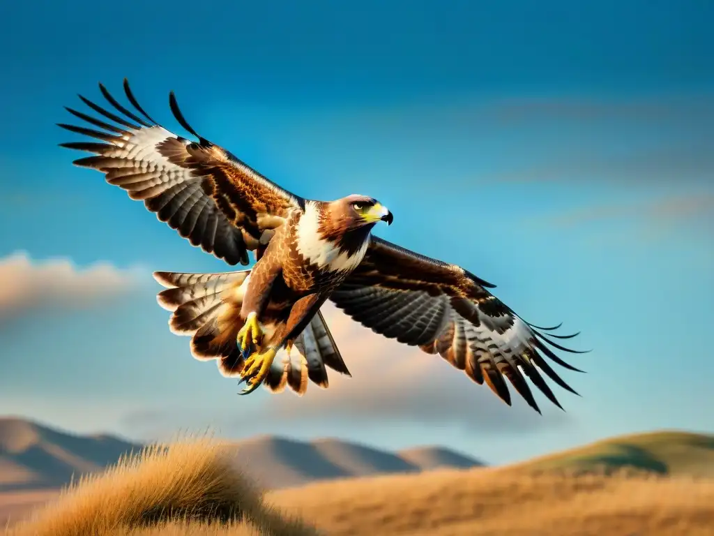 Un águila esteparia majestuosa sobrevuela la estepa, mostrando su belleza y la importancia cultural de las aves rapaces en las estepas