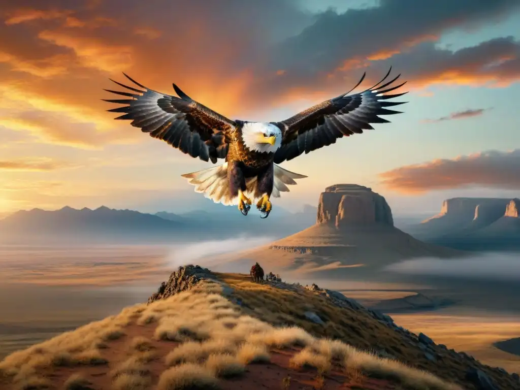 Águila majestuosa surcando el cielo dorado al atardecer, en una época de tribus nómadas
