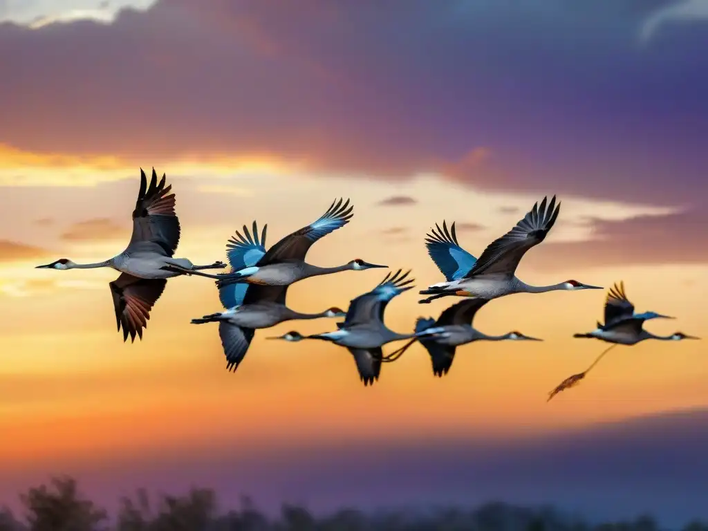 Un majestuoso bando de grullas vuelan en formación V al atardecer, destacando la belleza y gracia de estas aves migratorias