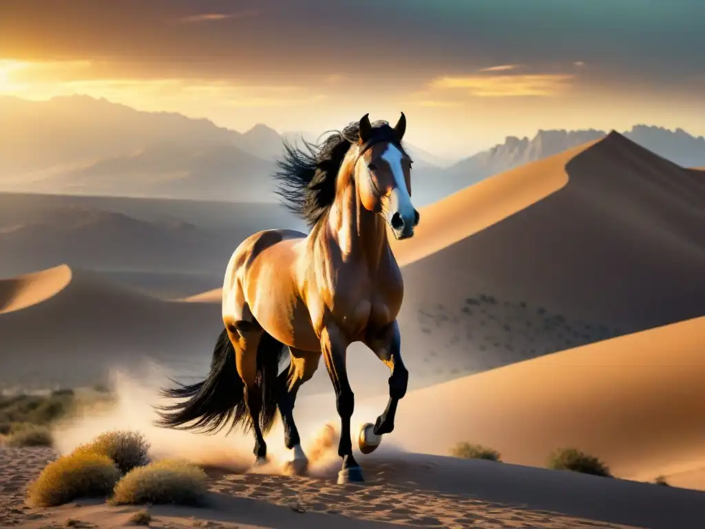 Un majestuoso caballo alado dorado surca el desierto, creando un aura mística