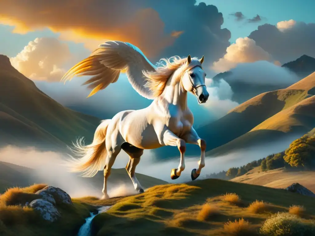 Un majestuoso caballo alado, el mítico Pegaso, surca el cielo nublado en esta pintura vintage detallada