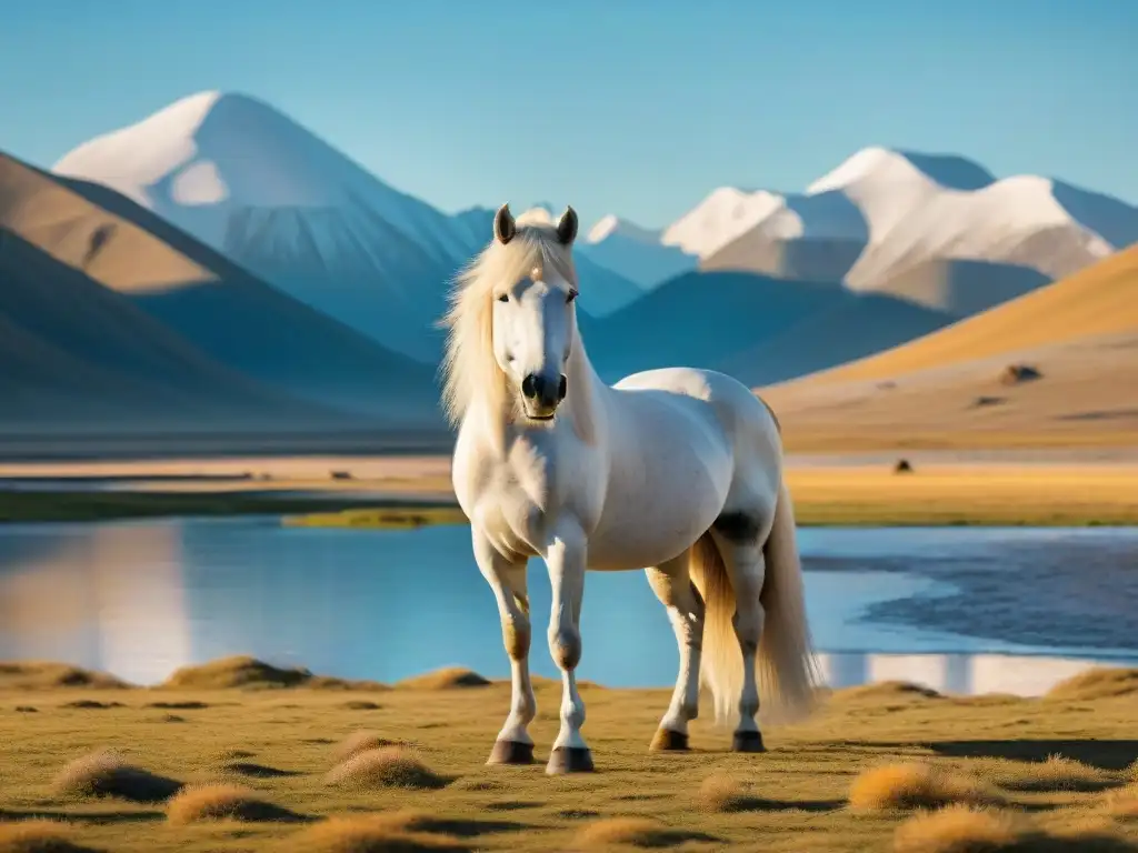 Un majestuoso caballo blanco mongol, adornado con símbolos de protección, en la vasta estepa dorada