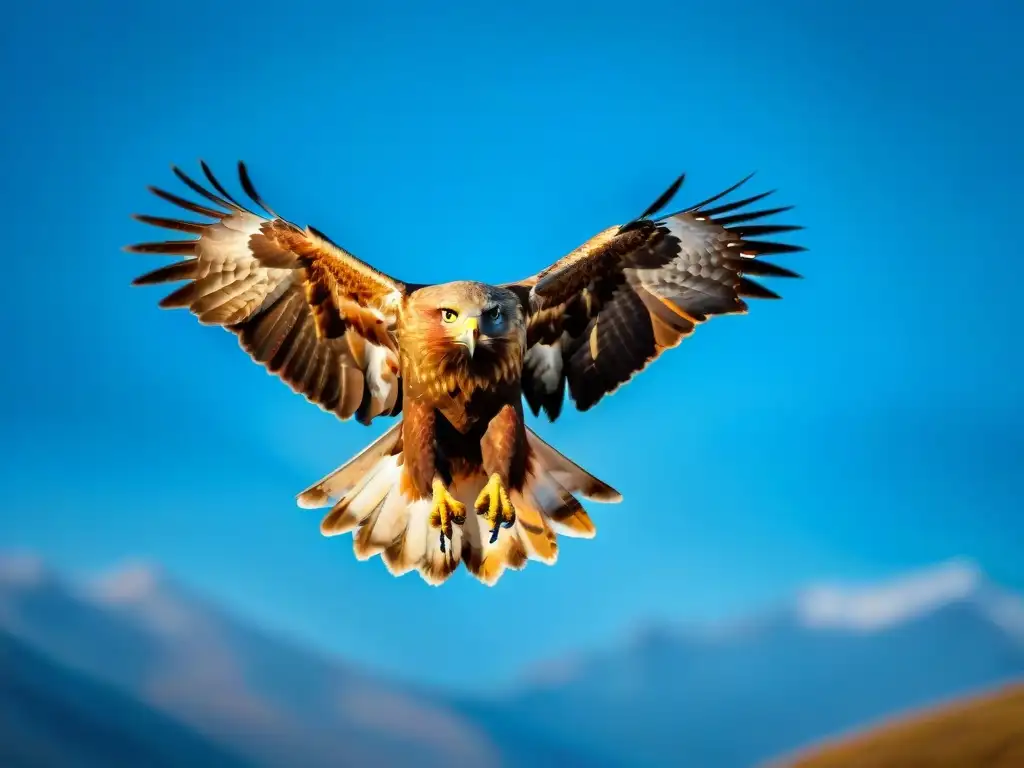 Majestuoso águila dorada en vuelo, símbolo de libertad y gracia en el cielo azul