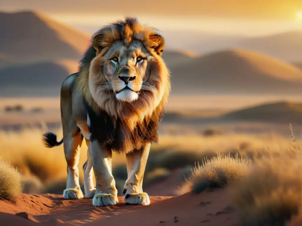 Un león majestuoso en las doradas estepas, simbolismo nómada, fuerza y valor