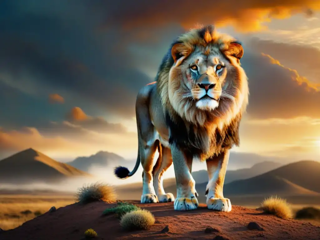 Un león majestuoso en las estepas doradas al atardecer, simbolizando el poder y la libertad