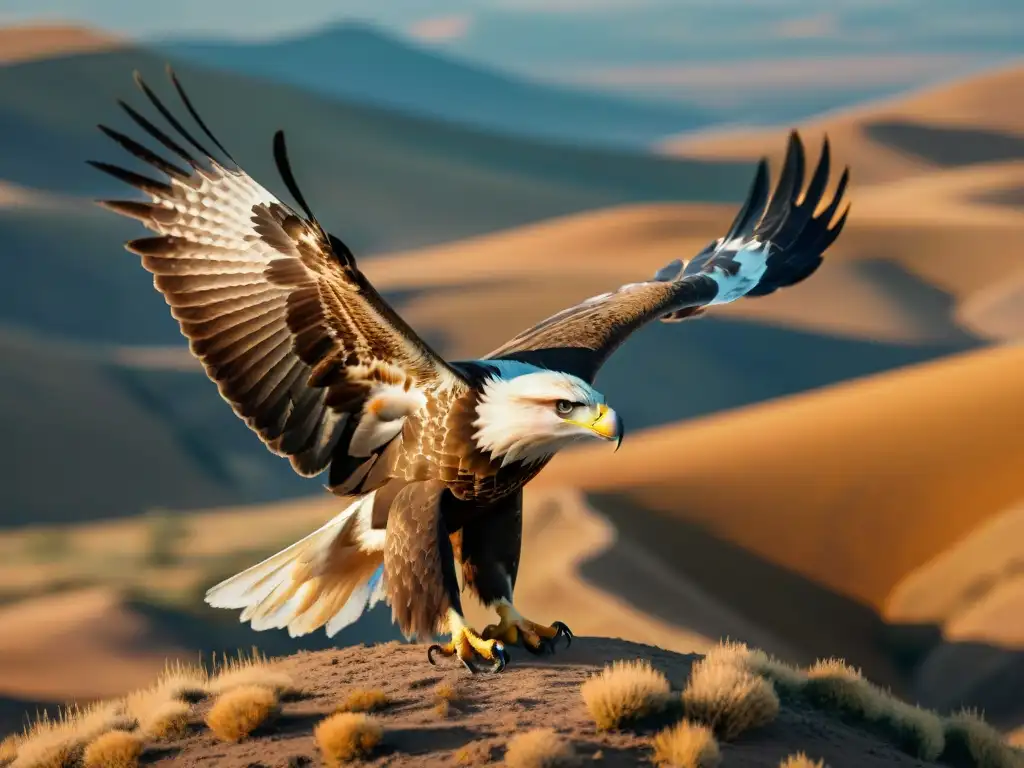 Majestuoso águila sobrevolando estepas doradas al atardecer, con detalles intrincados en sus alas y una aldea tradicional