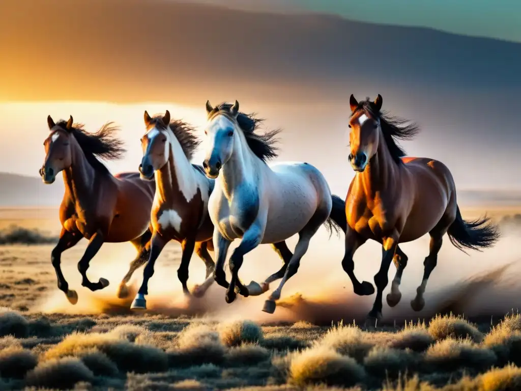 Majestuoso grupo de caballos salvajes galopando en la estepa al atardecer