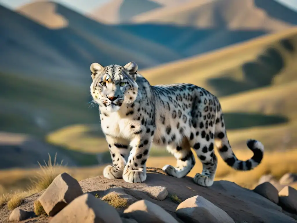 Majestuoso leopardo de las nieves camuflado en las estepas de Mongolia