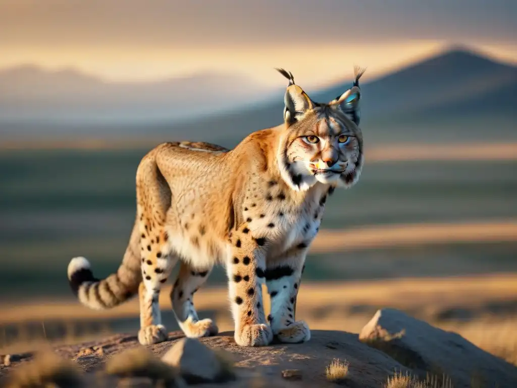 Un majestuoso lince euroasiático camuflado en la fauna esteparia, mostrando su adaptación al entorno natural