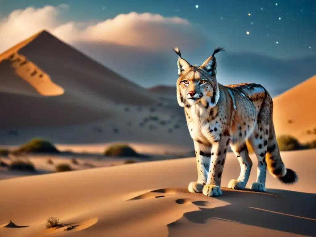 Un majestuoso lince en la sabiduría nómada ancestral, bajo un cielo estrellado en el desierto