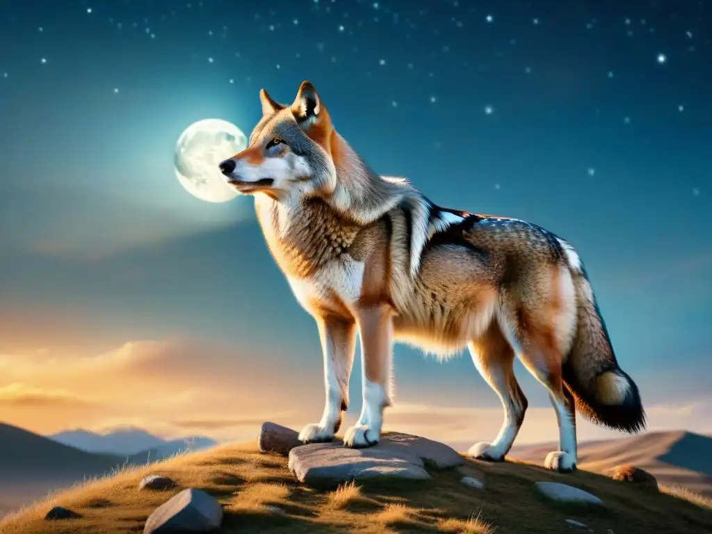 Un majestuoso lobo mongol bajo un cielo estrellado, simbolismo animal de tribus nómadas