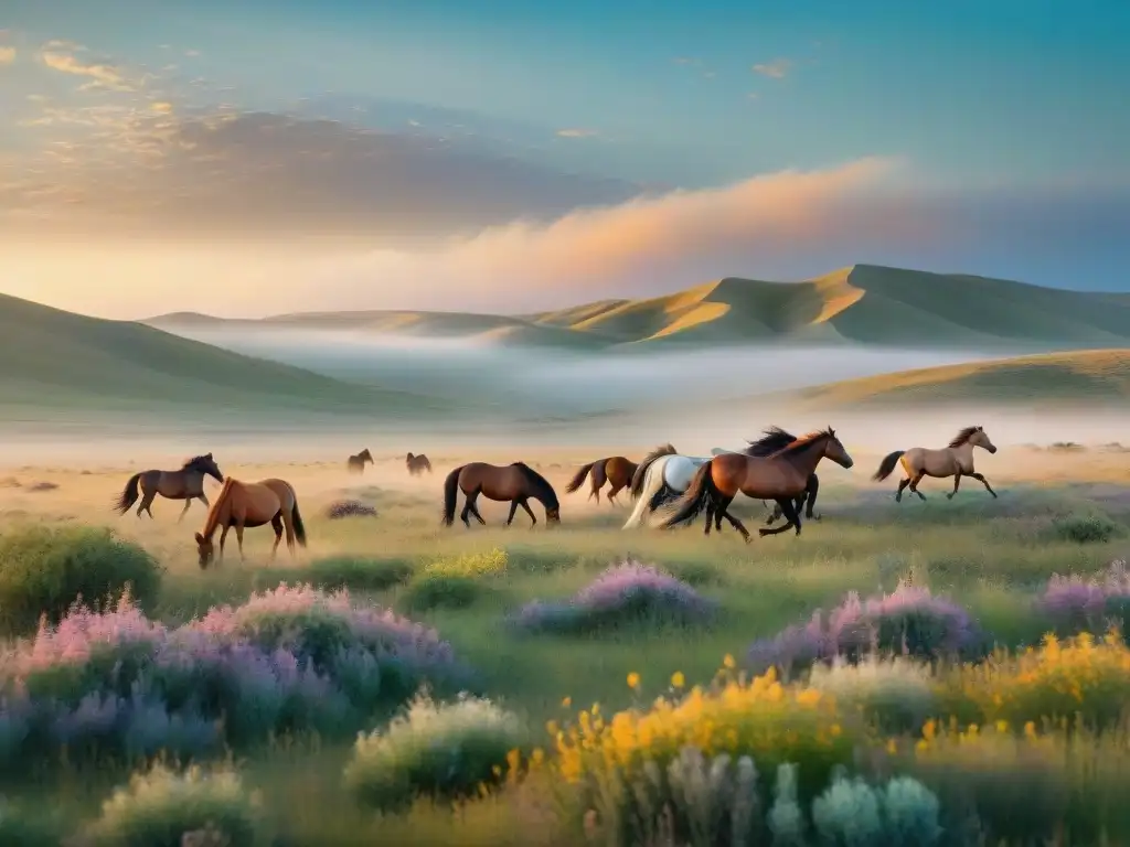 Majestuoso paisaje de estepas nativas protegidas, con diversidad de flores silvestres y caballos salvajes