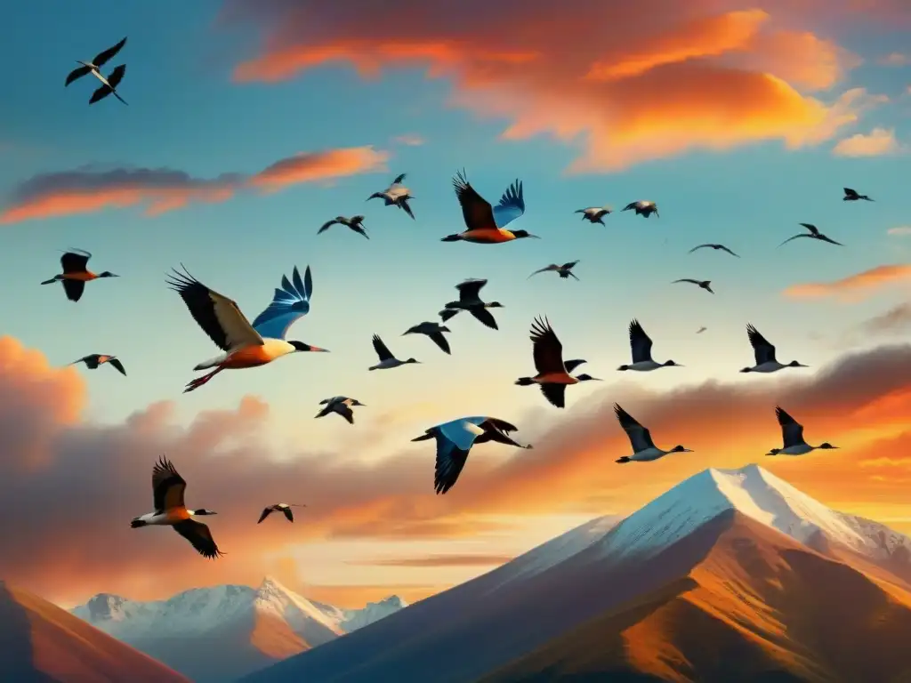 Un majestuoso vuelo de aves migratorias al atardecer, simbolizando migraciones de aves nómadas