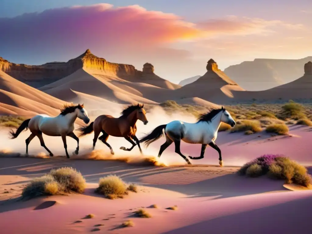 Manada de caballos salvajes galopando en desierto al atardecer