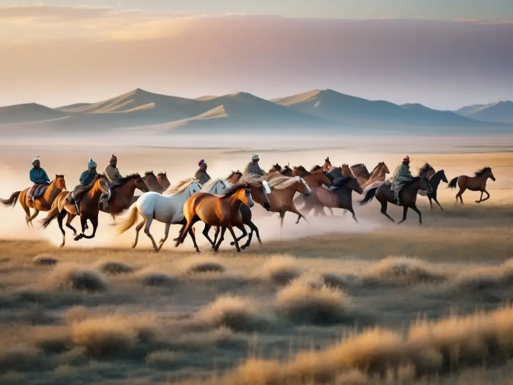 Estampida salvaje en la estepa dorada al atardecer Manada de caballos salvajes galopando en la estepa dorada al atardecer, ilustrando el impacto de especies exóticas