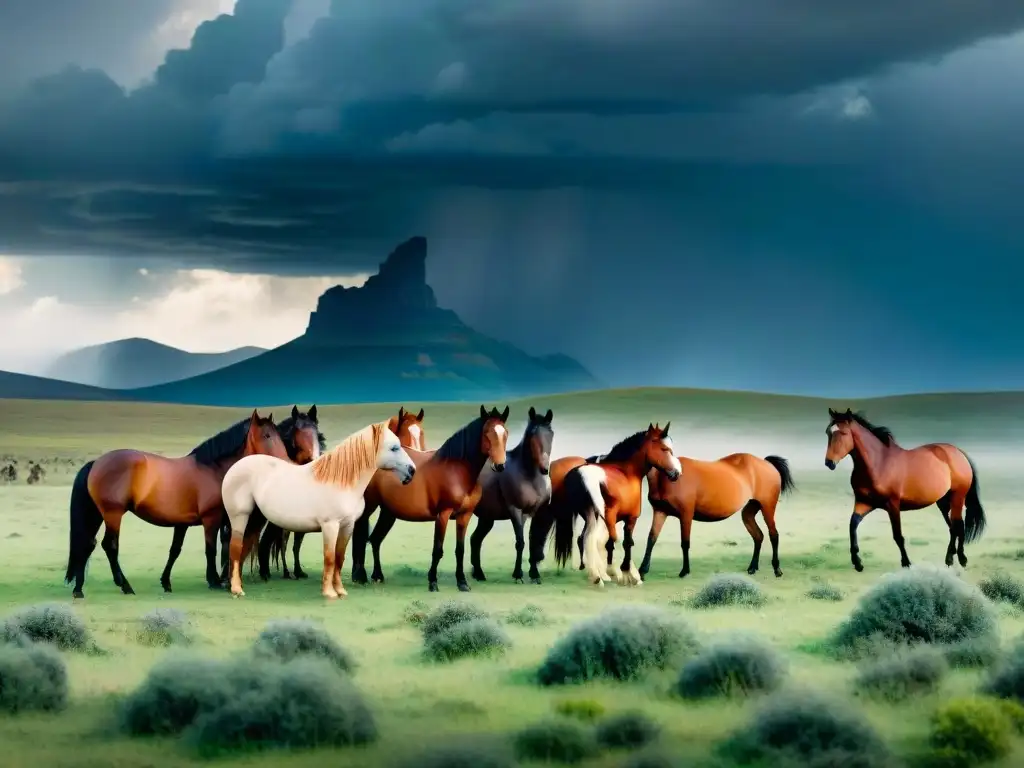 Manada de caballos salvajes en pastizales nómadas bajo nubes de lluvia