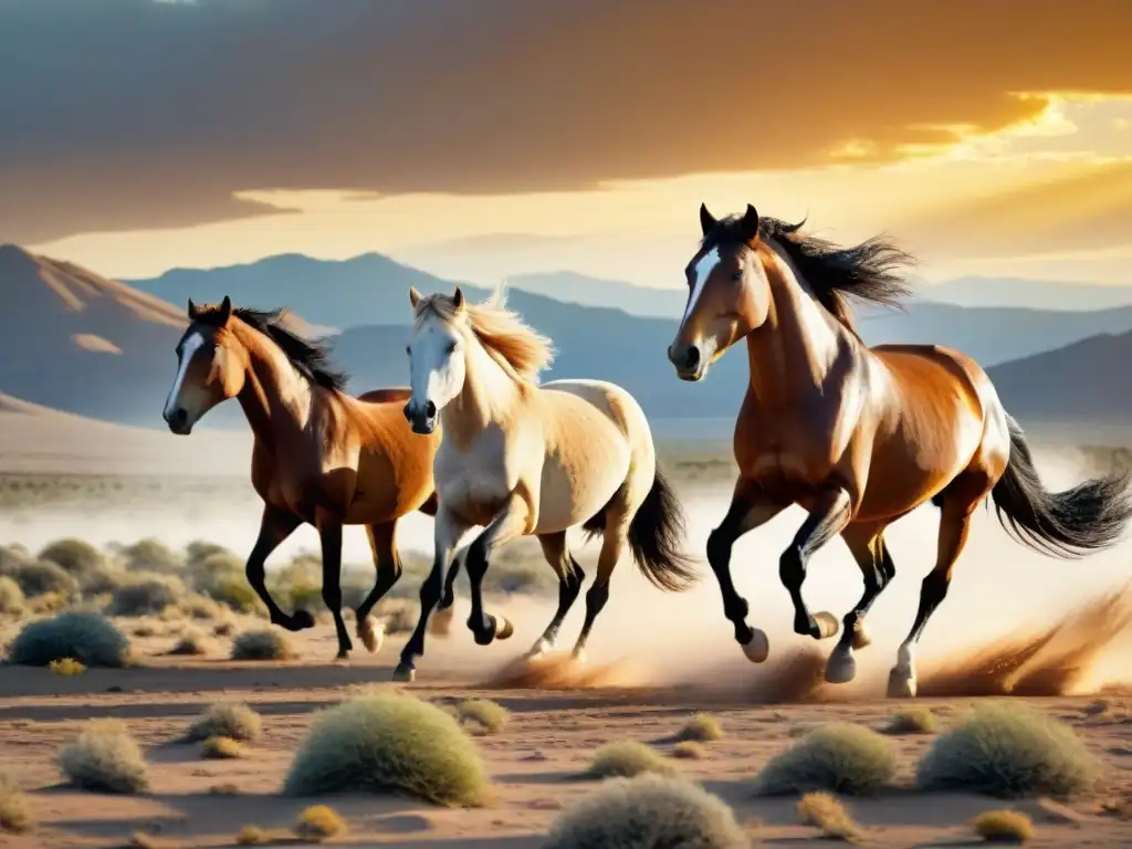 Manada majestuosa de caballos salvajes nómadas galopando en el desierto