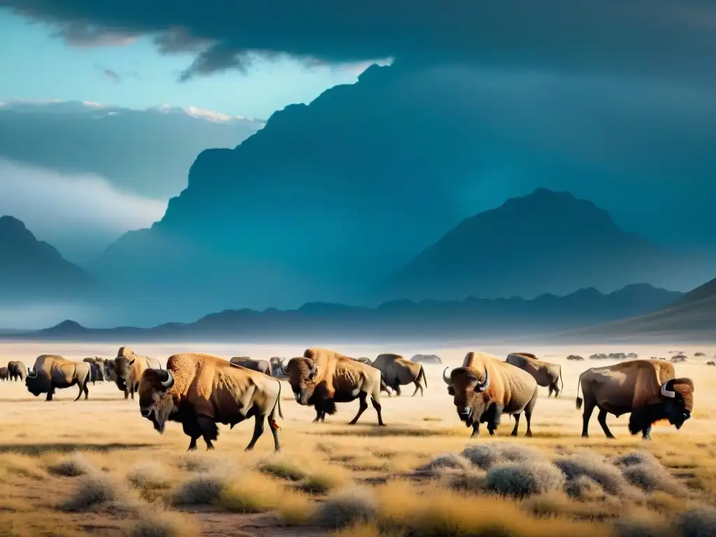 Manada de majestuosos herbívoros en paisaje nómada bajo un cielo dramático