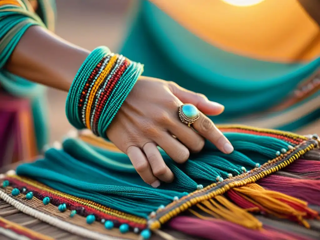 Mano nómada tejiendo en telar, con joyería tribal y paisaje desértico al atardecer