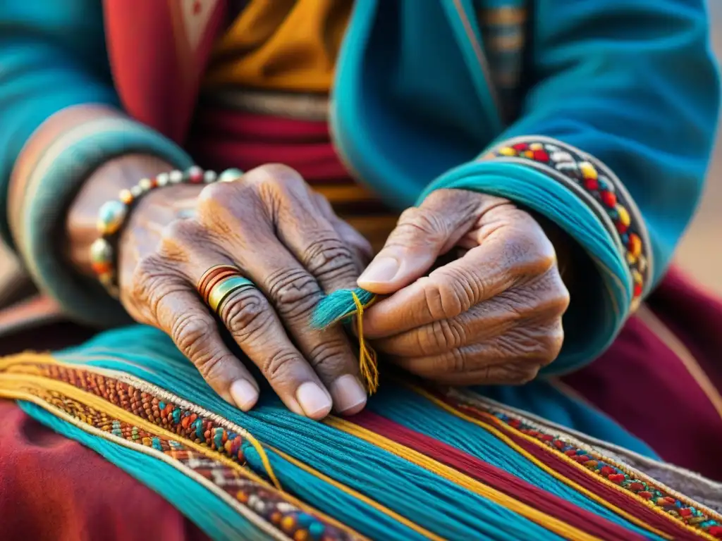 Las manos curtidas de un anciano tejedor nómada crean un patrón cultural vibrante en un textil multicolor