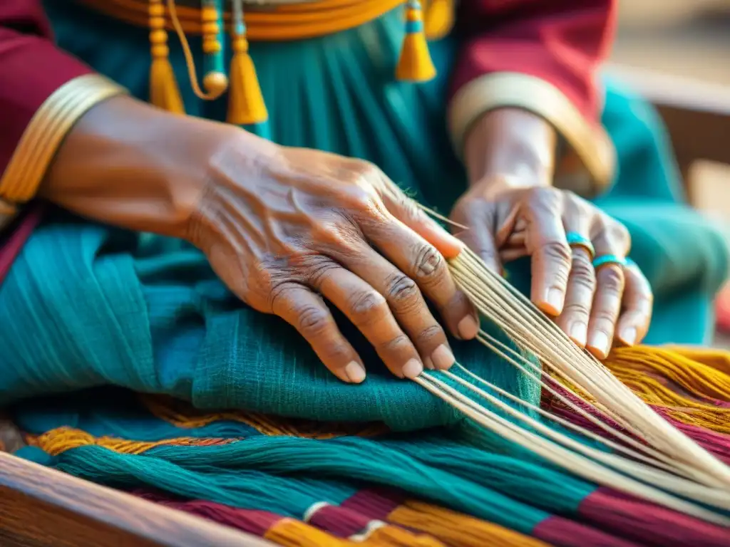 Manos expertas de artesanos de la indumentaria nómada tejiendo hilos vibrantes en una prenda tradicional