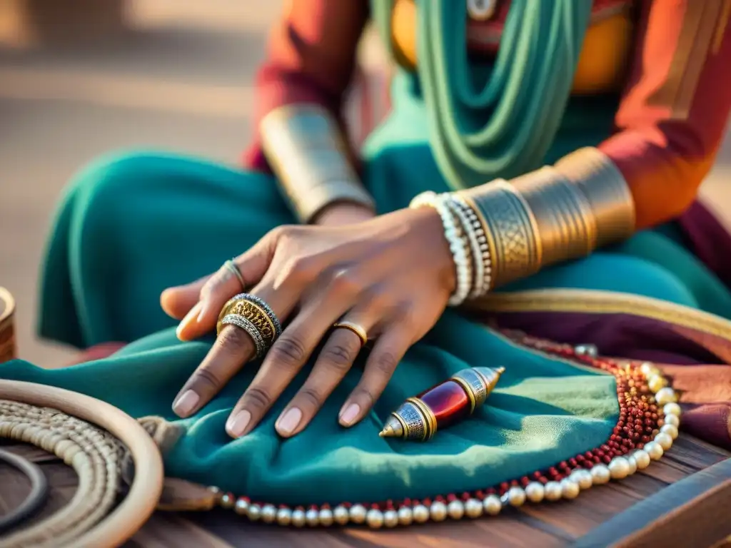 Manos de mujer nómada creando joyería tradicional en tiempos de guerra, reflejando herencia cultural y artesanía