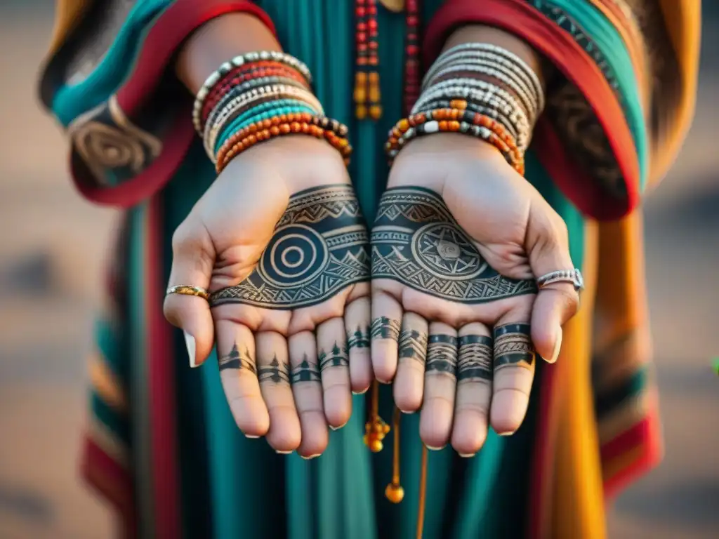 Las manos de una mujer nómada con tatuajes tribales cuentan historias de identidad y tradición