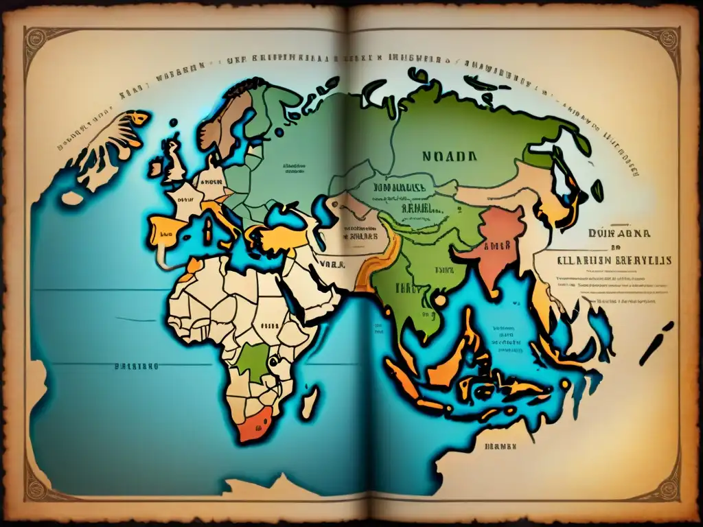 Mapa antiguo de alianzas y traiciones entre líderes nómadas, con detalles intrincados y colores desgastados