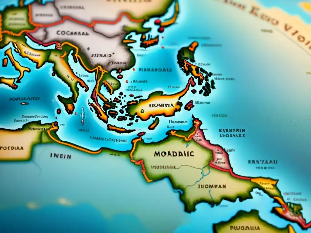 Mapa antiguo detallando el comercio entre tribus nómadas: caravanas, bienes exóticos y paisajes diversos, evocando historia y aventura