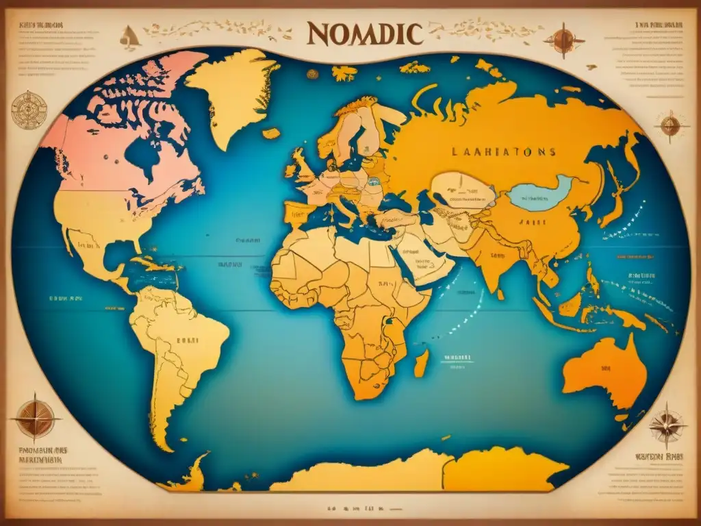 Mapa antiguo detallado de impacto nómada en geopolítica mundial: rutas migratorias, tribus y viajes en tonos sepia