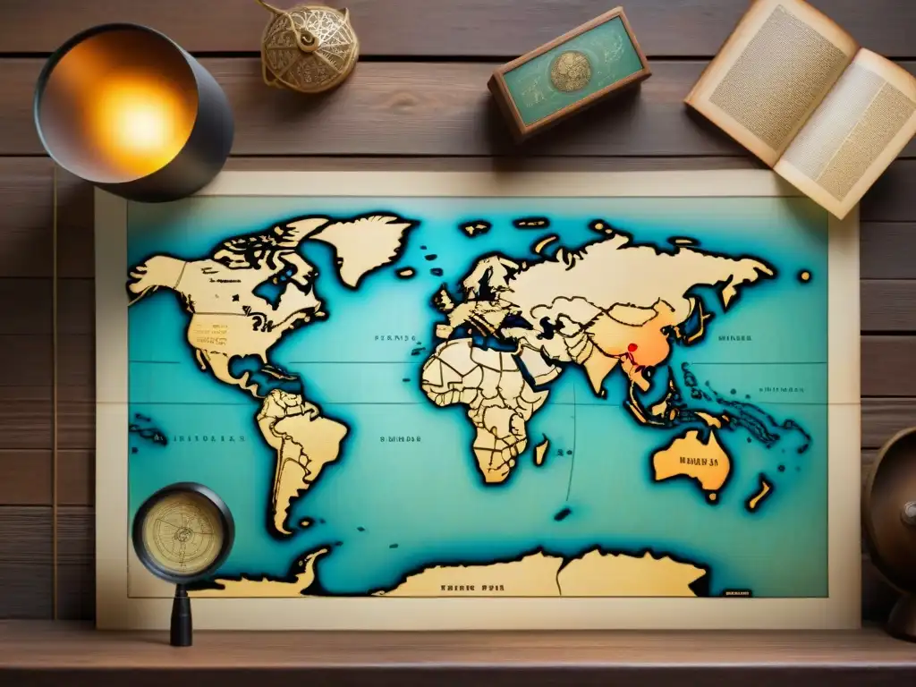 Mapa antiguo detallado: rutas comerciales y tribus nómadas Un mapa antiguo detallado en una mesa de madera envejecida, con rutas comerciales y tribus nómadas
