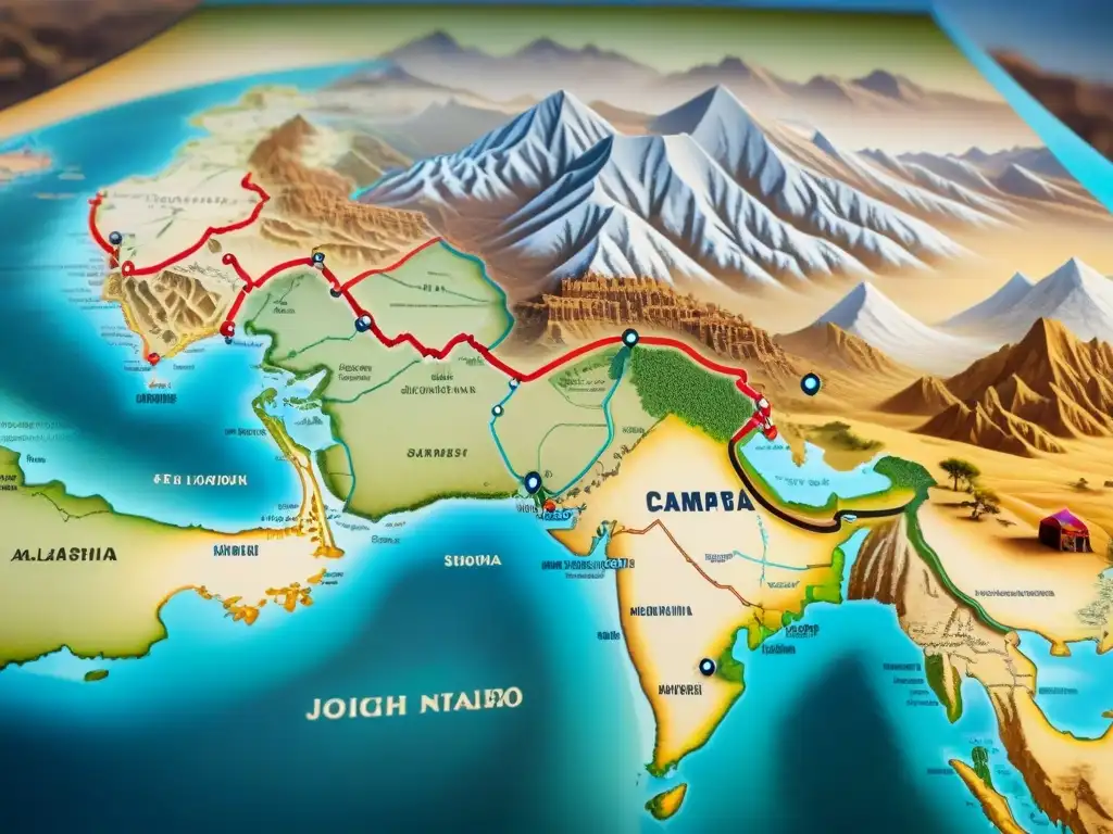 Mapa antiguo detallado de la Ruta de la Seda, con caravanas, tribus nómadas y comercio antiguo