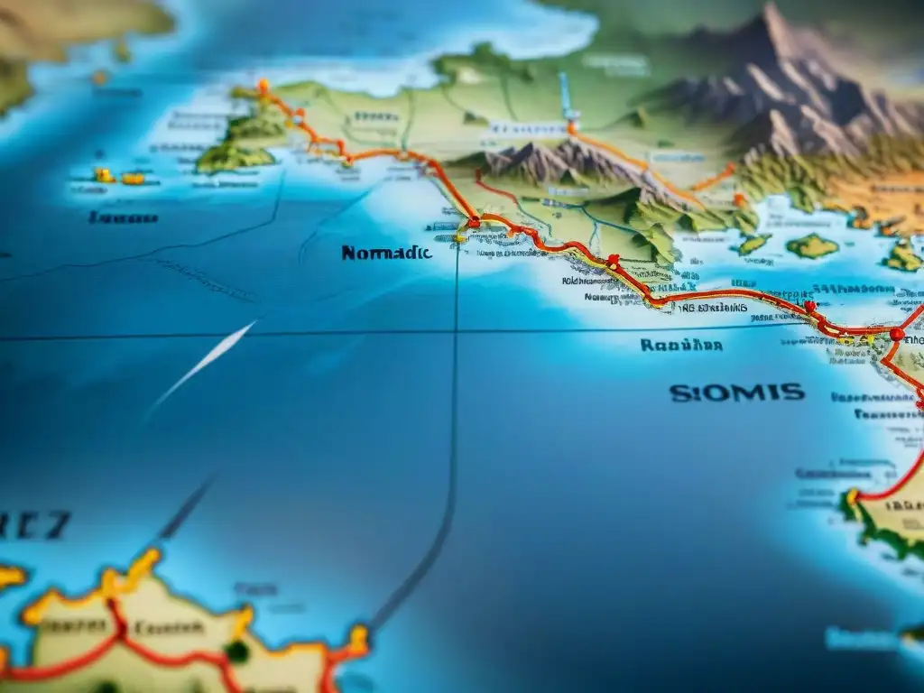 Mapa antiguo detallado con rutas nómadas y símbolos culturales, evocando la estrategia en la cultura nómada