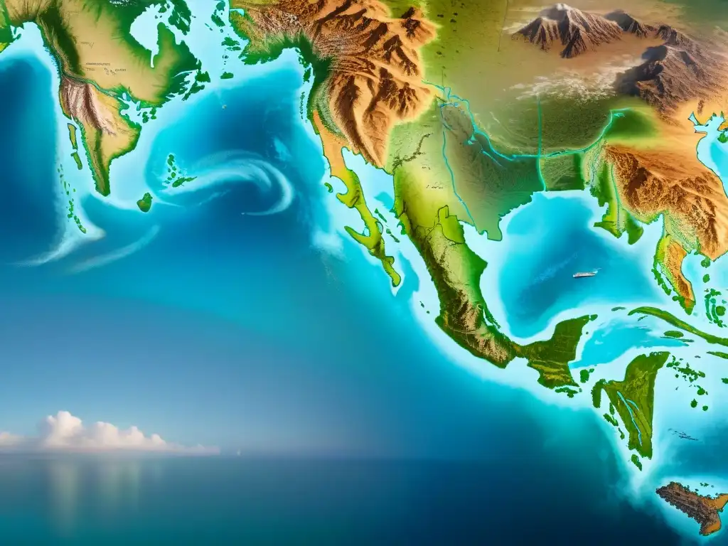 Mapa antiguo detallado de rutas comerciales nómadas, con caravanas, animales exóticos y paisajes