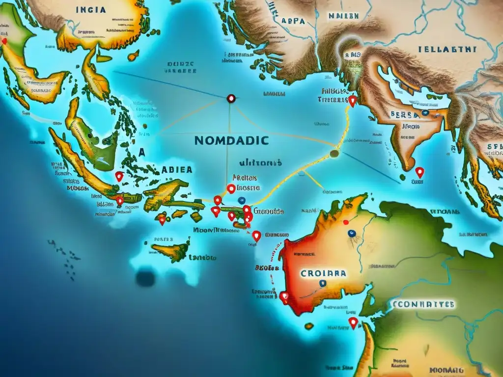 Mapa antiguo detallado de rutas comerciales de tribus nómadas, desgastado por el tiempo