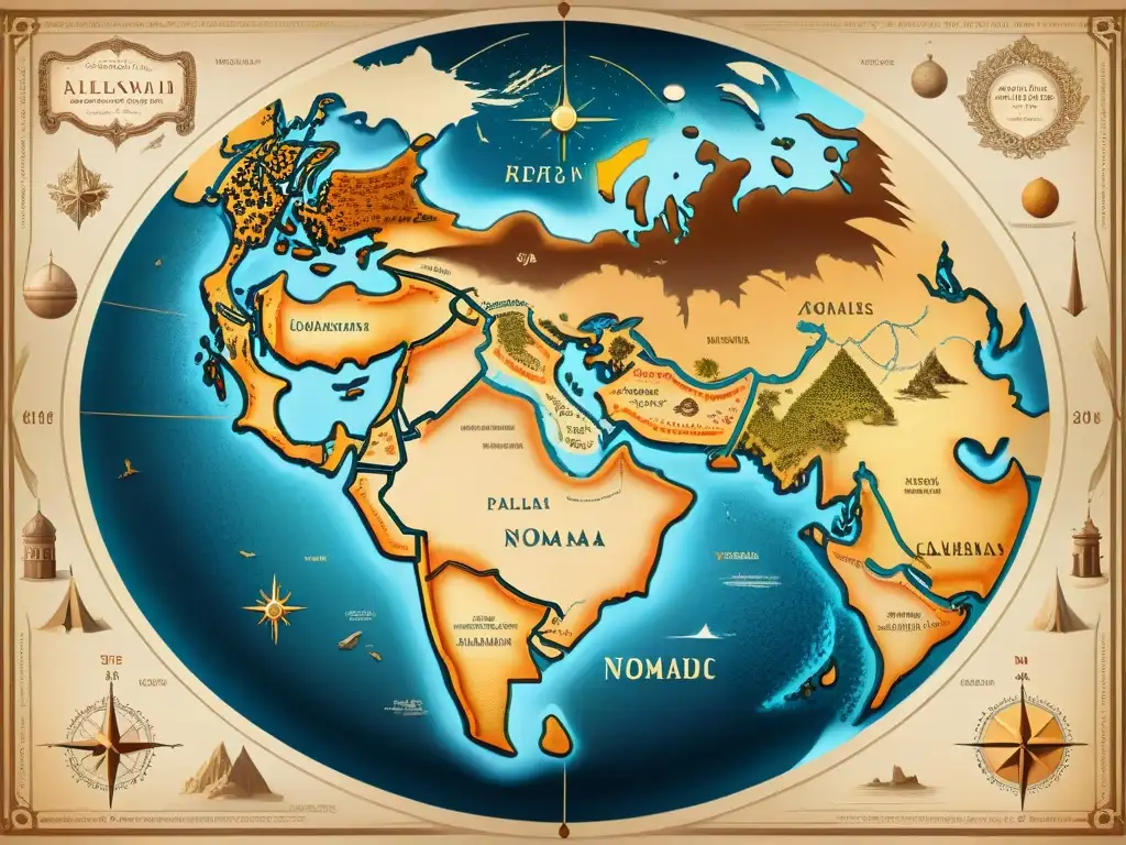 Mapa antiguo detallado con rutas nómadas, símbolos místicos y vida nómada en movimientos modernos