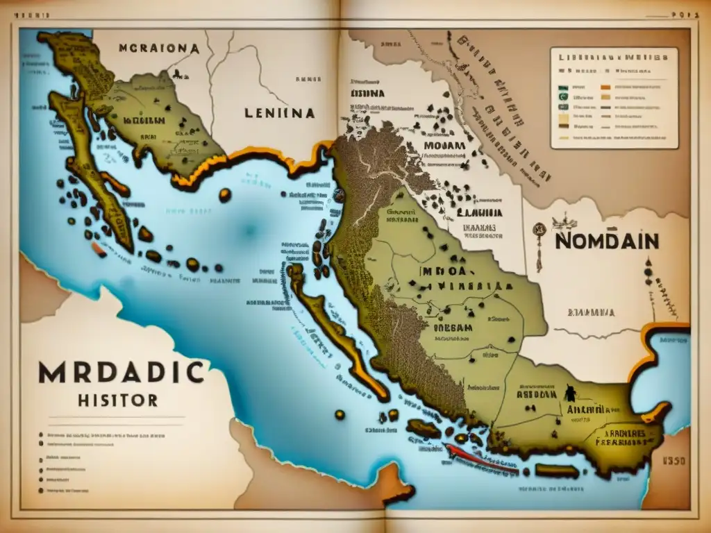 Mapa antiguo detallado de rutas de migración de tribus nómadas, influencia en idiomas