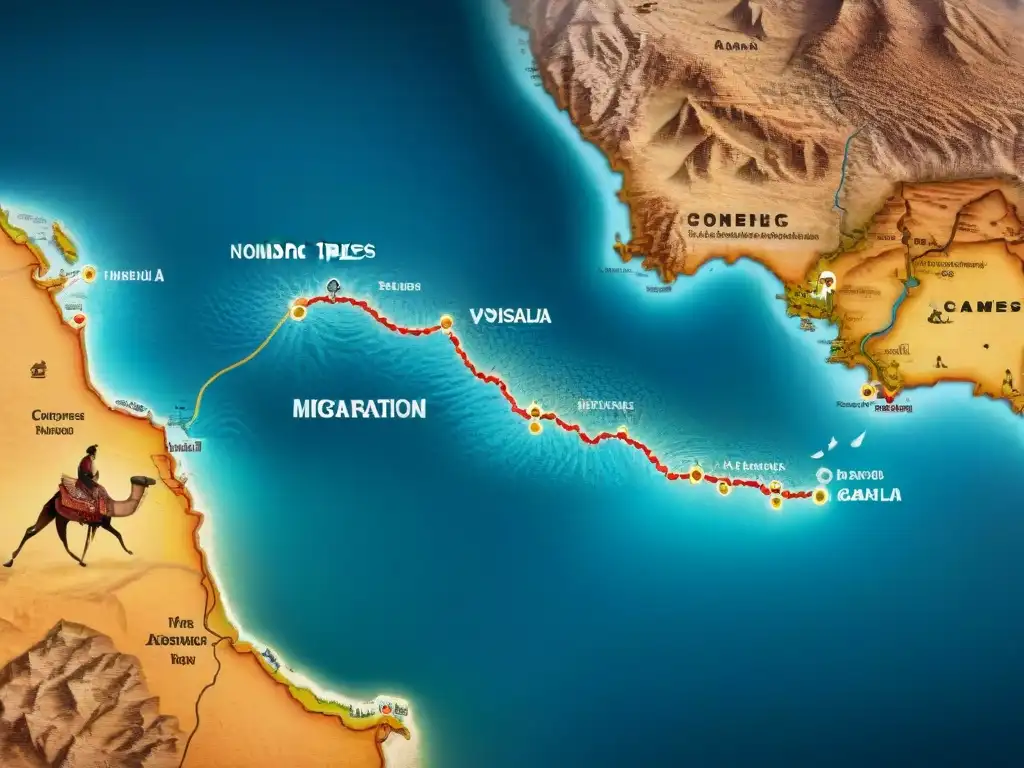 Mapa antiguo detallado de rutas migratorias de tribus nómadas, con ilustraciones de tiendas, camellos y nómadas en trajes tradicionales