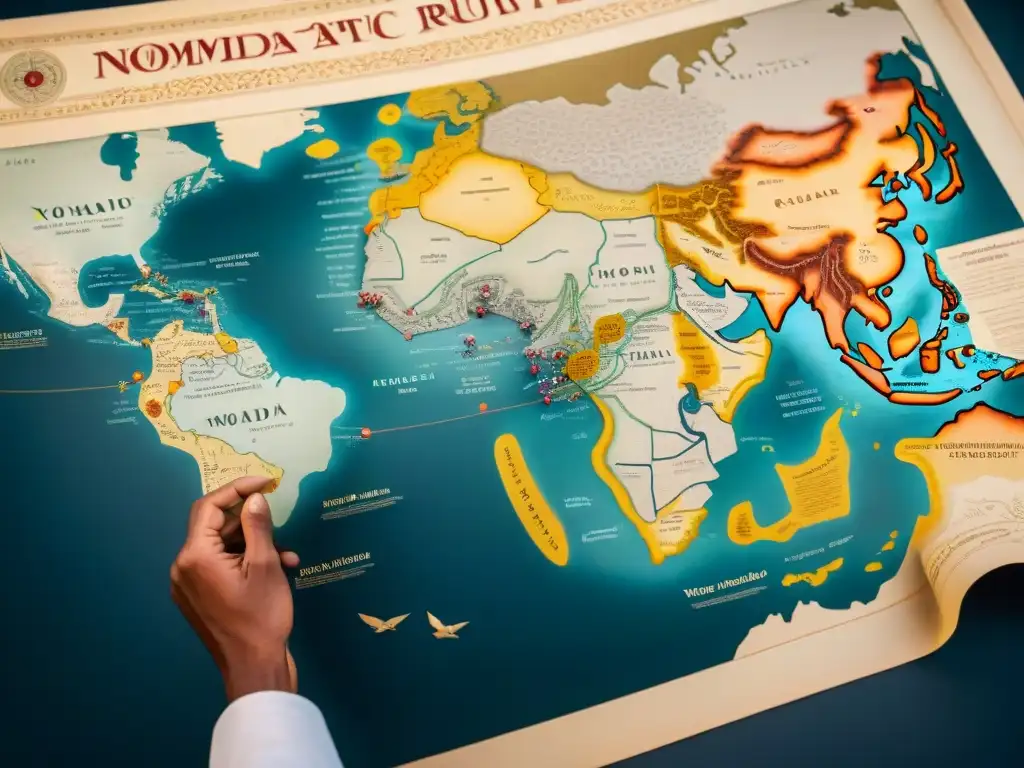 Un mapa antiguo detallado muestra las rutas migratorias de tribus nómadas y civilizaciones sedentarias, fusionando lenguajes