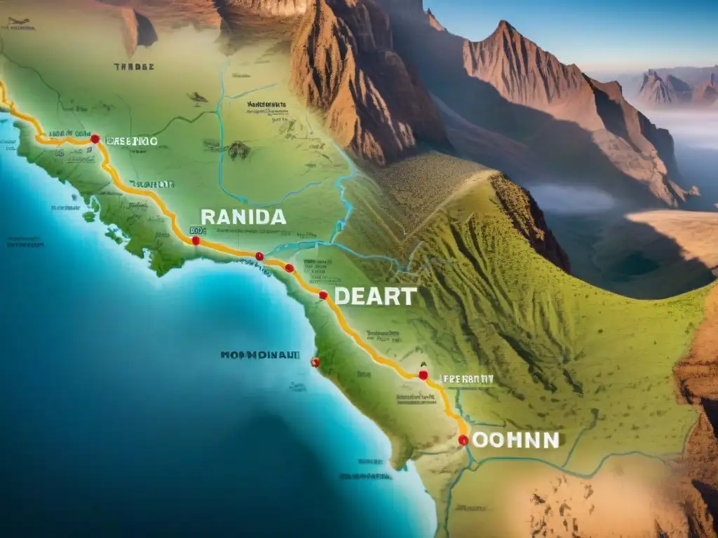 Mapa antiguo detallado con rutas nómadas, paisajes desérticos y campamentos dispersos