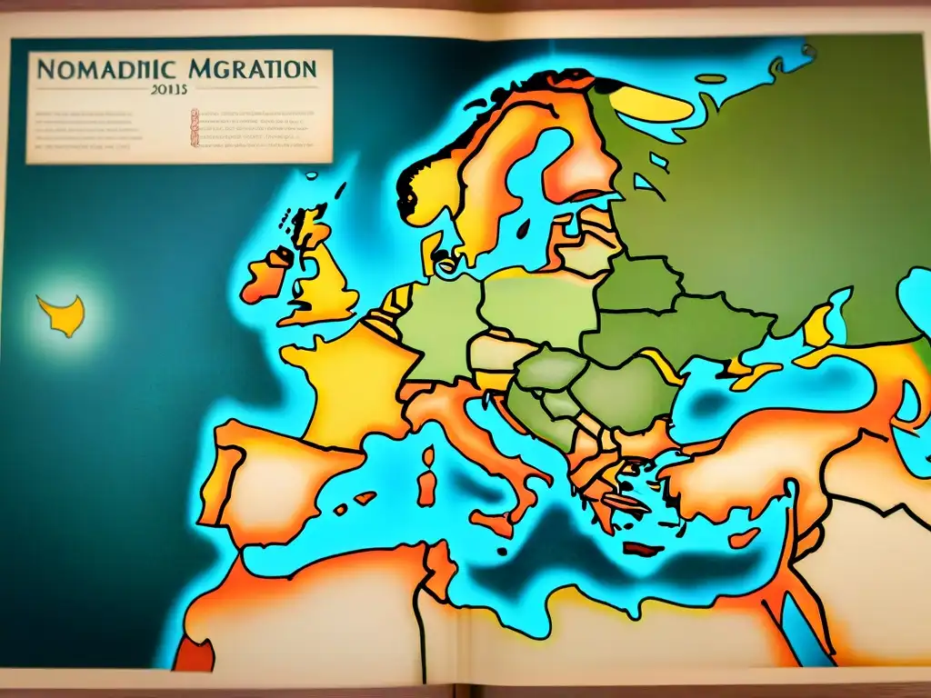 Mapa antiguo detallado con rutas de migración nómada, tribus, tiendas y animales de transporte