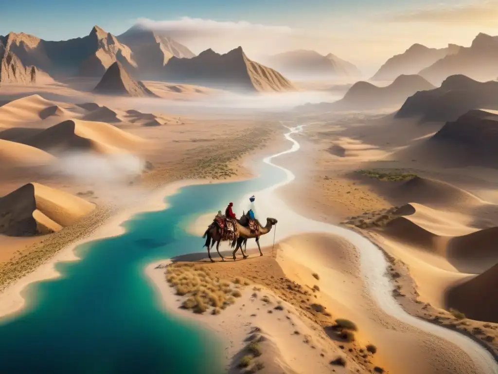 Mapa antiguo de rutas nómadas: cultura y misterio en 8k Mapa antiguo detallado de rutas de tribus nómadas, con símbolos culturales y caminantes en el desierto