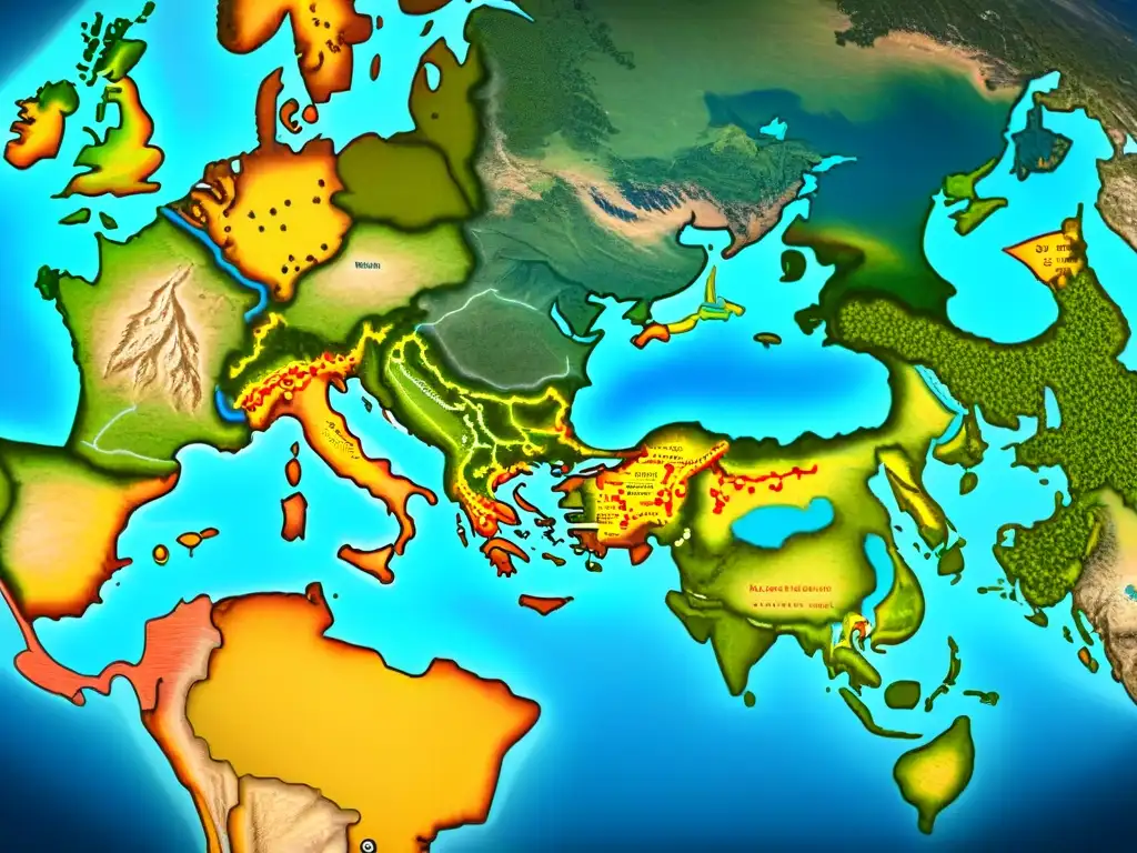 Mapa antiguo detallado de rutas nómadas de civilizaciones antiguas, con caravanas y paisajes diversos, evocando historia y cultura