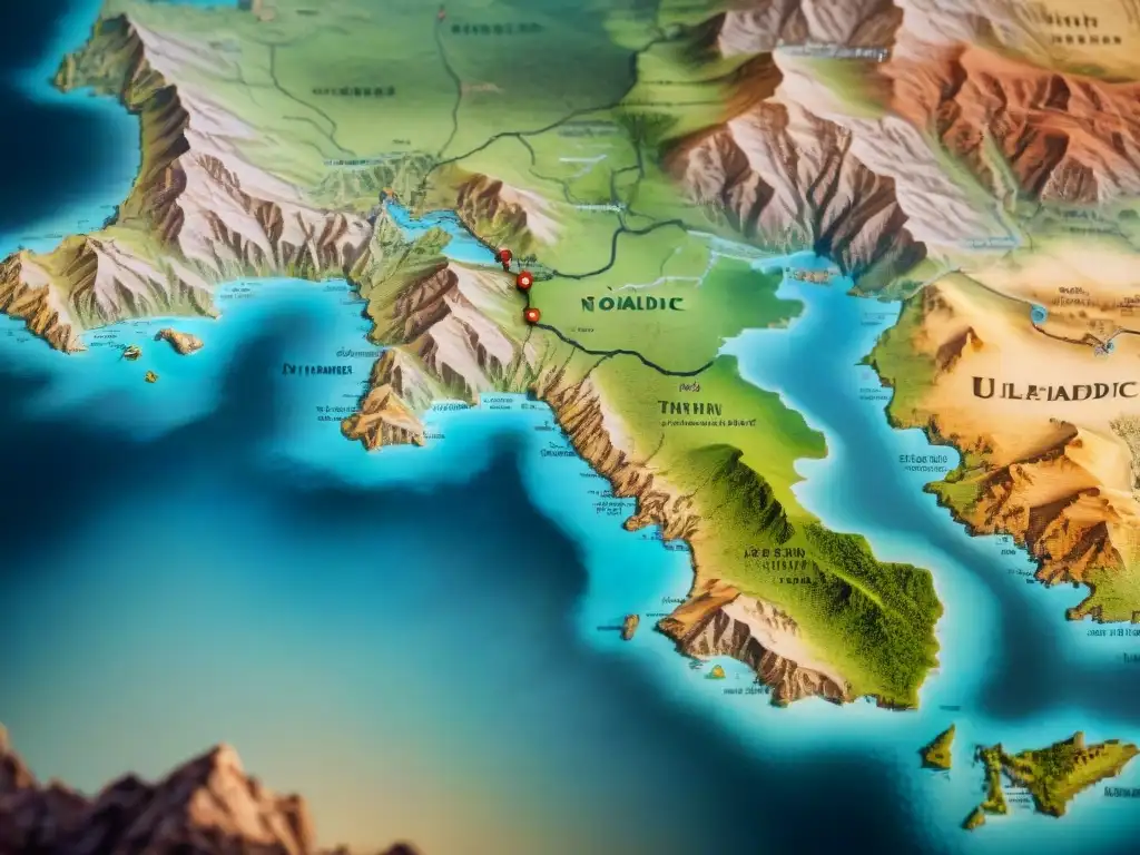 Mapa antiguo detallado con rutas tribus nómadas, asentamientos olvidados y terrains abruptos