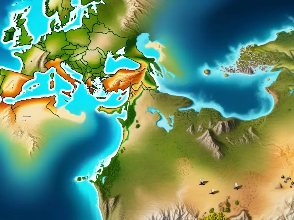 Mapa antiguo detallado de rutas de tribus nómadas con tonos vintage y grupo de nómadas y tiendas tradicionales