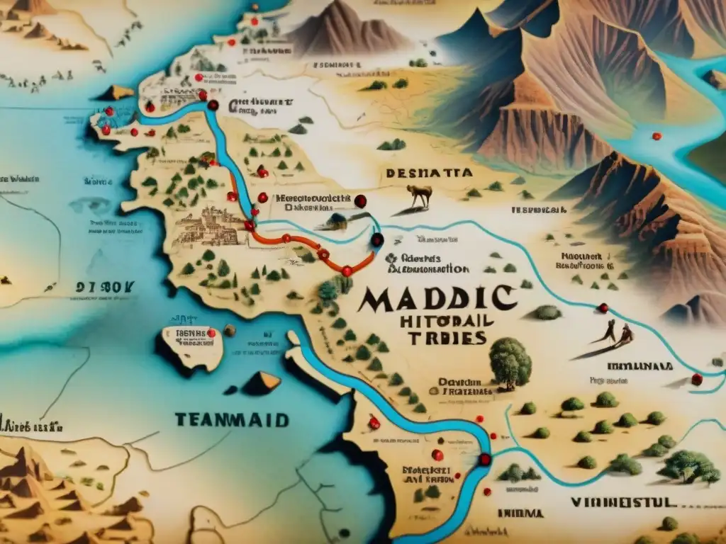 Mapa antiguo detallado de rutas migratorias de tribus nómadas en pergamino envejecido