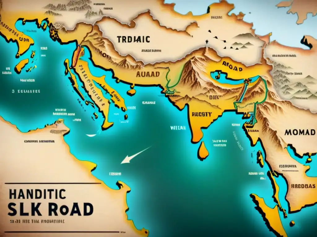 Mapa antiguo detallado de las rutas comerciales de la seda con tribus nómadas viajando en camellos cargados de mercancías